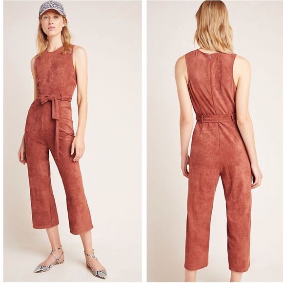 Anthropologie faux suede‎ jumpsuit w/ waist tie cropped women’s size S - Picture 1 of 8